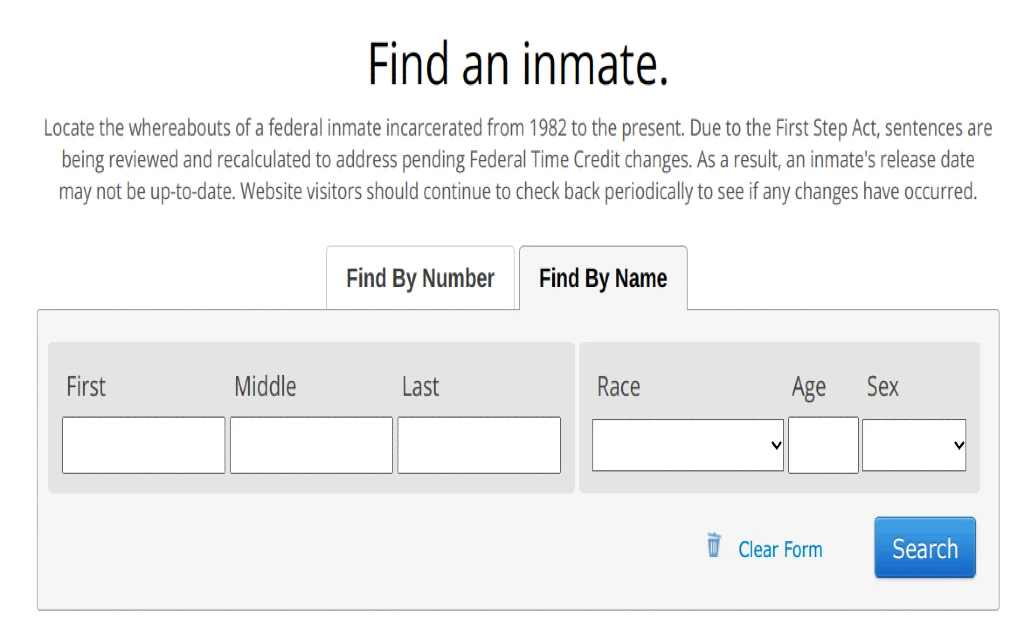 an image of the bureau of prisons federal inmate locator which can be searched by name, race, age and sex.