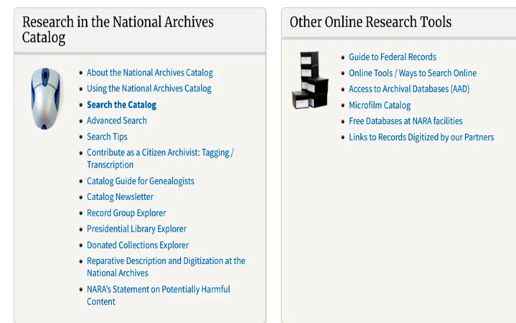 A screenshot of the national archives catalog which can be searched to find free divorce records in Wisconsin.