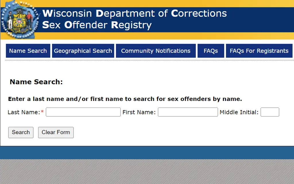 An image of the Wisconsin sex offender registry where sexual predators can be found with a last name search or first name search.