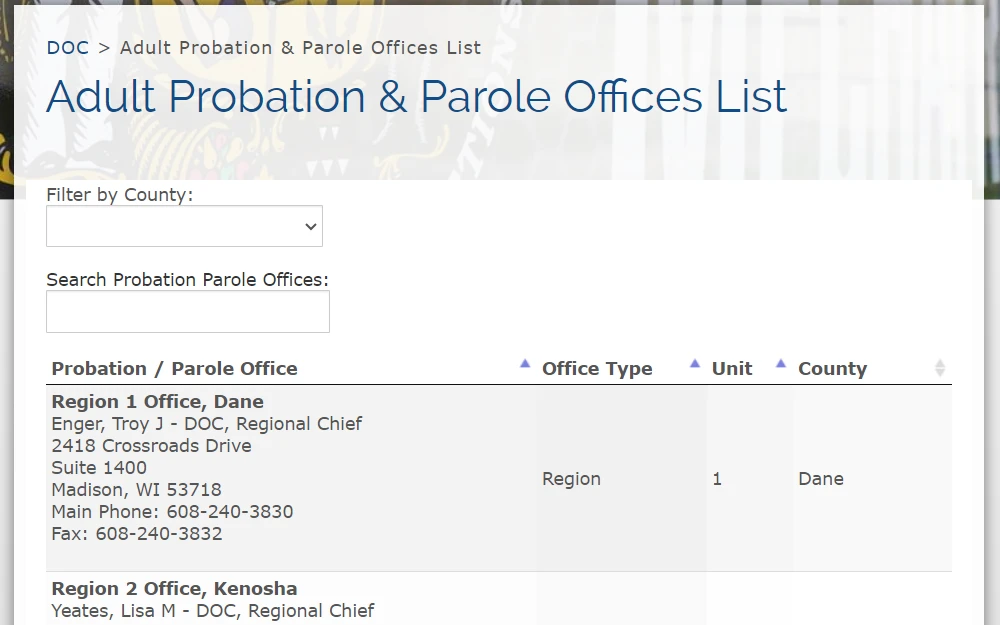 Adult Probation and Parole Offices List page screenshot showing the parole offices; the result can be filtered by selecting a county from a dropdown box and probation parole offices; the list is organized in columns, including the office type, unit, and county.