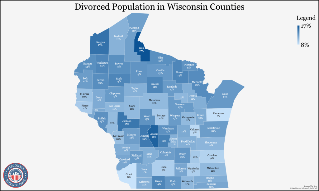 An image showing the divorce population (5-year estimates in 2021) of each Wisconsin county is presented through a map.