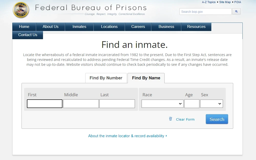 The The Federal Bureau of Prisons logo is shown in the top left corner; a search tab displays its two search options: "Find by Number" and "Find by Name"- to search by name, one must provide the inmate's entire name along with their race, age, and sex.