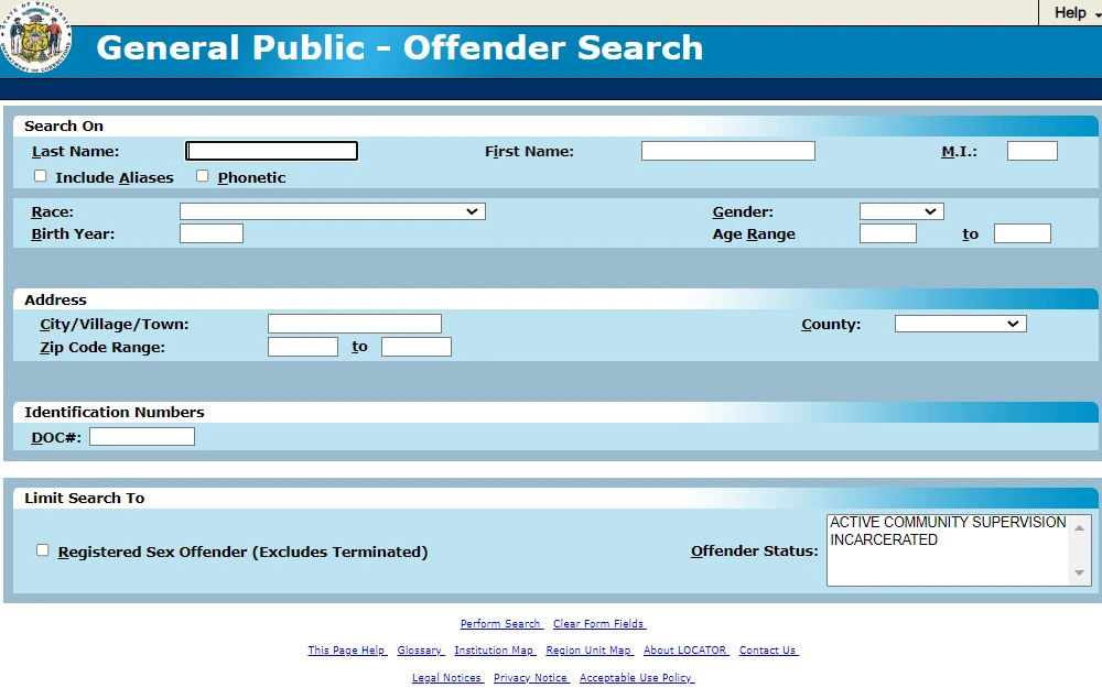 A screenshot from the Department of Corrections webpage showing its general public-offender search page showing its three options: Search by Name, address, and Offender's identification numbers, which can be limited to registering sex offender(excludes terminated) by hitting the checkbox; the department logo is also shown at the upper left corner.