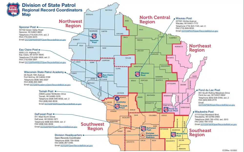 Screenshot of the outlined map of Wisconsin highlighting its nine region custodians: Spooner Post, Eau Claire Post, Wisconsin State Patrol Academy, Tomah Post, DeForest Post, Division Headquarters, Wausau Post, Fond du lac Post and Waukesha Post with the Wisconsin State Patrol logo at the top left corner.