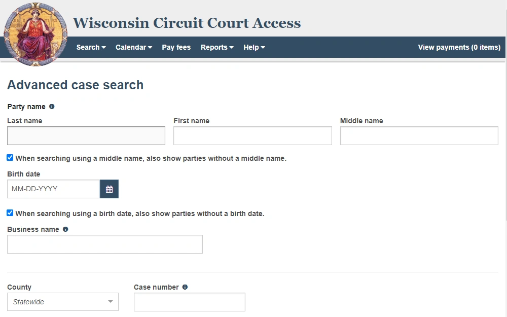 A screenshot from Wisconsin Circuit Court Access' advance case search requires the searcher to input the following: party name, BOD, business name, county, and case number; the department logo is at the top left corner.