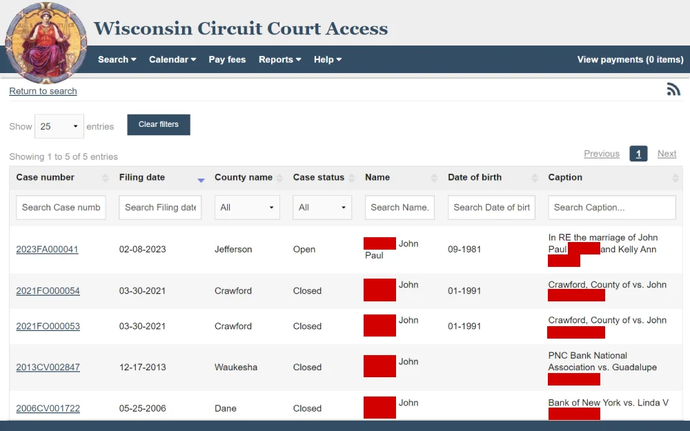 A screenshot displaying a search result from the Wisconsin Circuit Court Access website, showing case information such as case number, filing date, county name, case status, name, date of birth, and caption.
