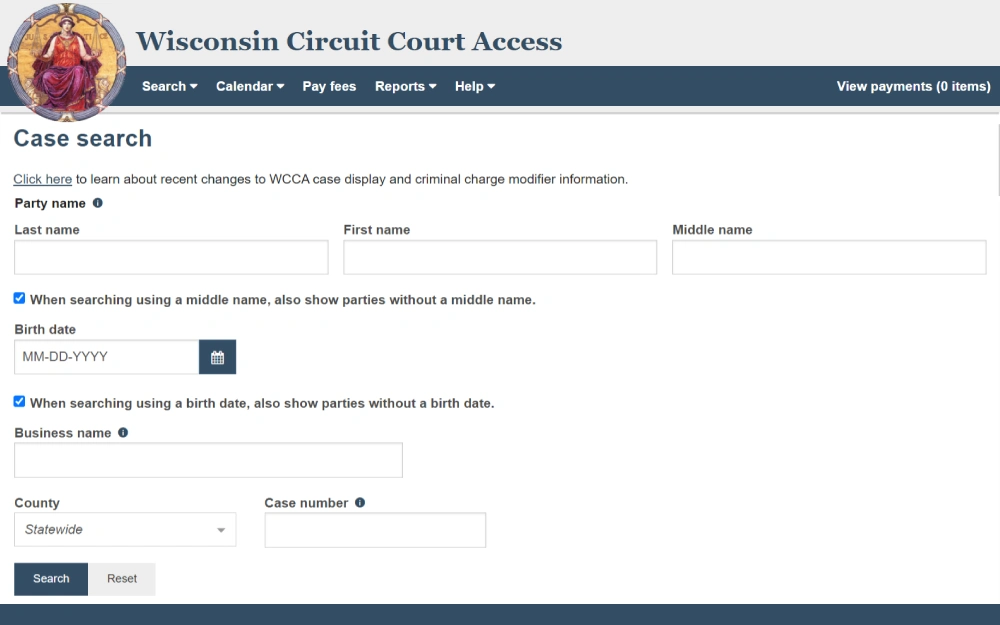 A screenshot showing a search tool can be used to find cases by entering the last name, first name, middle name, birth date, business name, county and case number from the Wisconsin Circuit Court Access website.