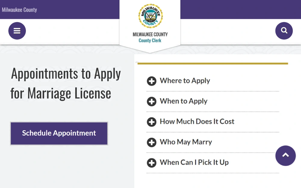 A screenshot showing information about marriage licenses, such as where to schedule an appointment on, how to apply for a marriage license, where to apply, when to apply, how much does it cost, who may marry, when to pick up from the Milwaukee County Clerk website.