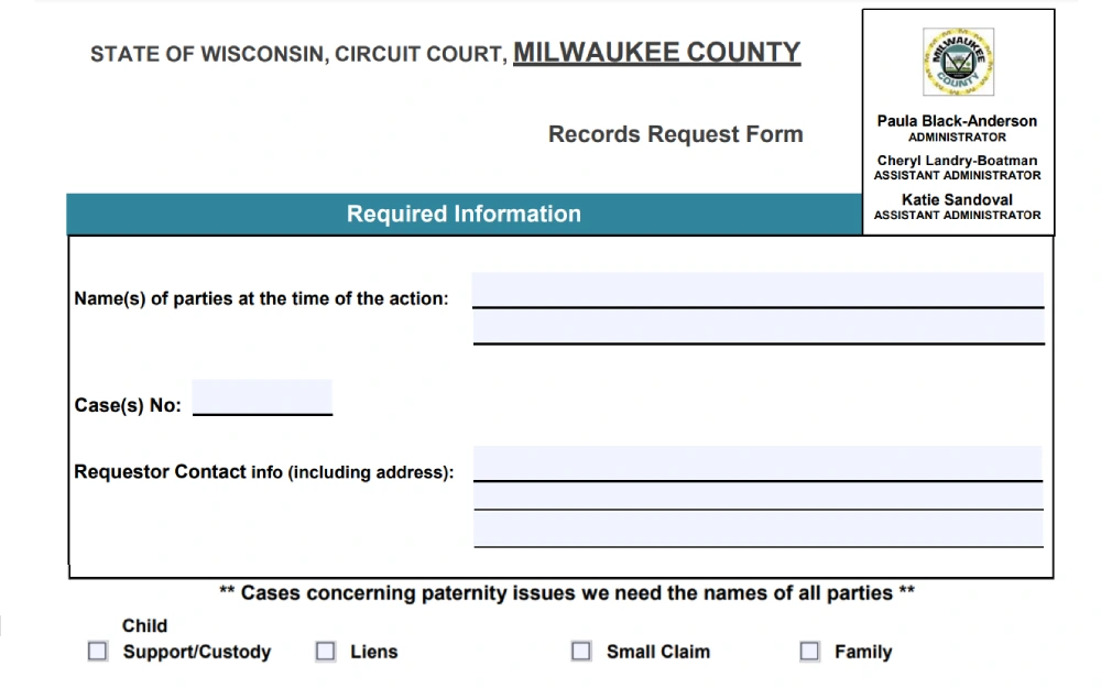 A screenshot of the records request form requires filling out some information such as parties' names at the time of the action, case numbers, and requestor contact information, including address and other information concerning paternity issues from the Milwaukee County website.