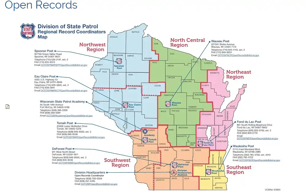 A screenshot from the Wisconsin Division of State Patrol website shows the Regional Records Coordinators Map, which identifies locations where individuals can access or obtain records in the state and provides contact information.