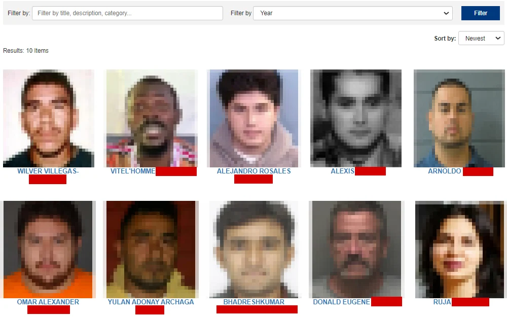 A screenshot of the Federal Bureau of Investigation's list of wanted individuals, with their mugshots and full names; an option to filter the list at the top.