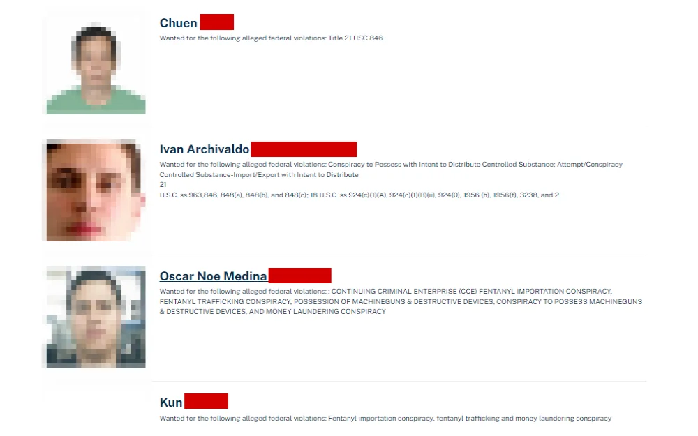 A screenshot of the wanted individuals from the United States Drug Enforcement Administration website with their full name and offense information.