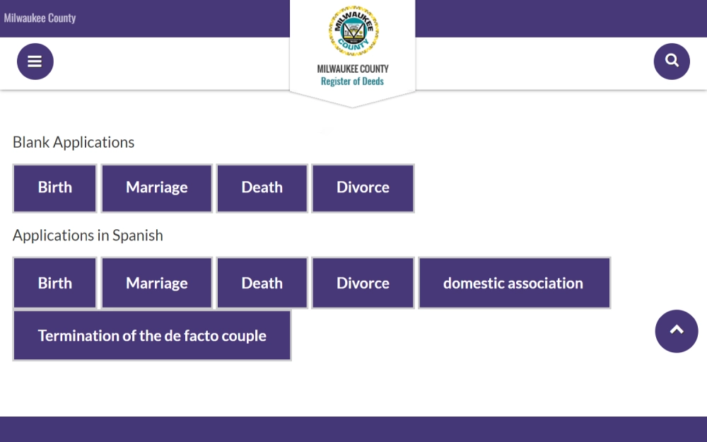 A screenshot of the Milwaukee County website showing the list of applications, including birth, marriage, death, and divorce applications, and other applications in Spanish, such as domestic association and termination of the de facto couple.