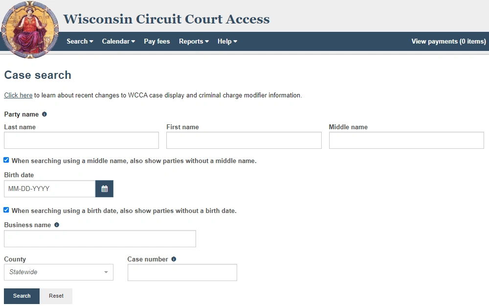 A screenshot of the Wisconsin Circuit Court Access shows the case search page, which requires searchers to input party name, birth date, case number, and county.