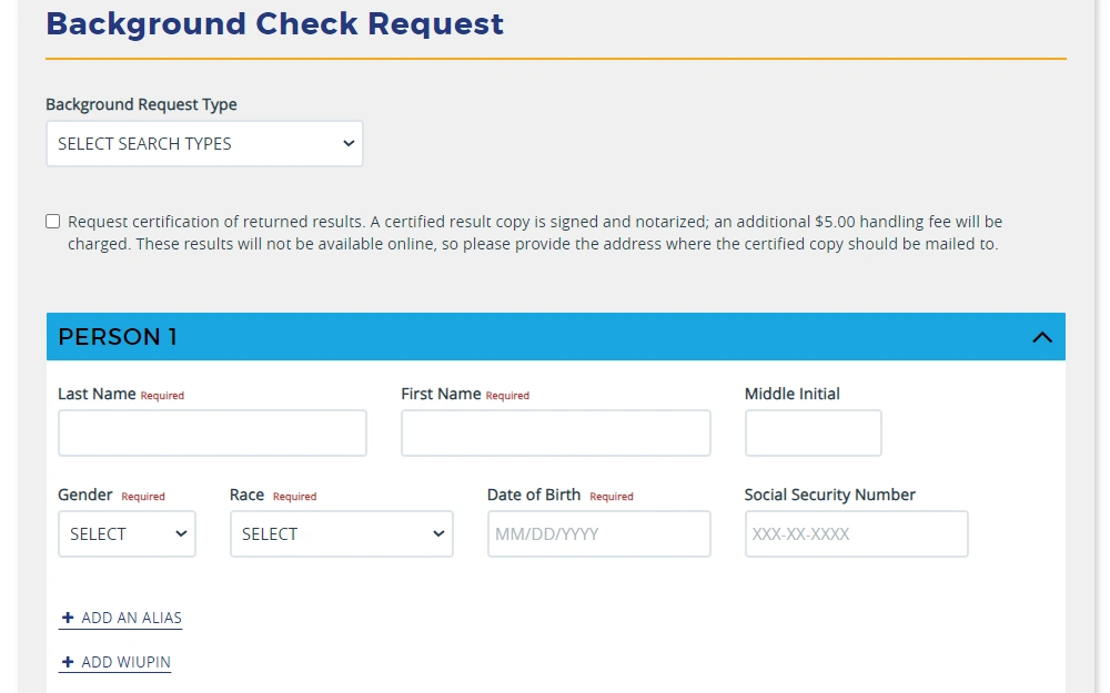A screenshot of the Wisconsin Online Record Check System provided by the Department of Justice Crime Information Bureau requires users to select a background check type from the drop-down menu and input information such as the subject's full name, gender, race, DOB, and SS number. Users also have the option to add an alias and use WIUPin filter options for a more precise search. 