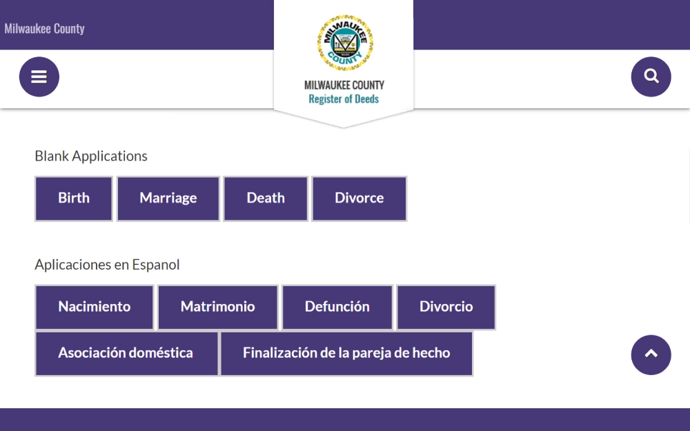 A screenshot of the vital records applications such as birth, marriage, death, divorce and other applications in Spanish language from the Milwaukee County Register of Deeds website.