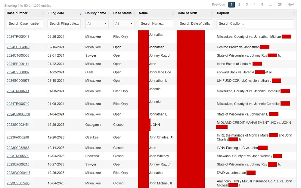 A screenshot showing Case Search results displaying information such as case number, filing date, county name, case status, full name, date of birth and caption of offenders from the Wisconsin Circuit Court Access website.