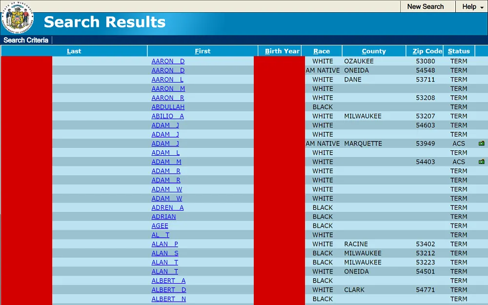 A screenshot displaying General Public Offender Search results showing information such as last and first name, birth year, race, county, ZIP code and status of various individuals from the Wisconsin Department of Corrections, Sex Offender Registry website.