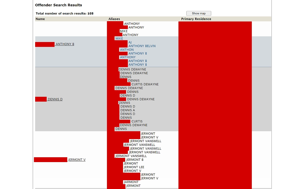 A screenshot showing Offender Search Results displaying information such as complete name, list of aliases and primary residence of different individuals from the Wisconsin Department of Corrections, Sex Offender Registry website.