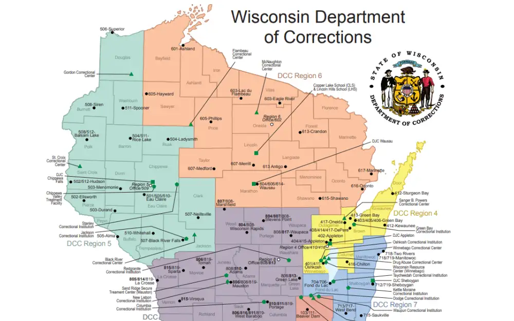 A screenshot displaying the Wisconsin Department of Corrections' base map showing different locations such as the region numbers, correctional institution, correctional center, juvenile facility or regional office, and others.