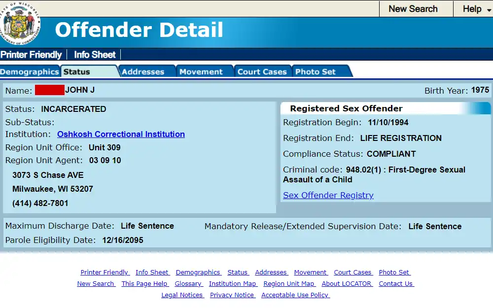 Screenshot of an offender's detail from the Wisconsin Department of Corrections, displaying the content under the status tab, including the name, status, institution, region unit office and agent, maximum discharge date, parole eligibility date, mandatory release or extended supervision date, registration start and end dates, compliance status, and criminal code.