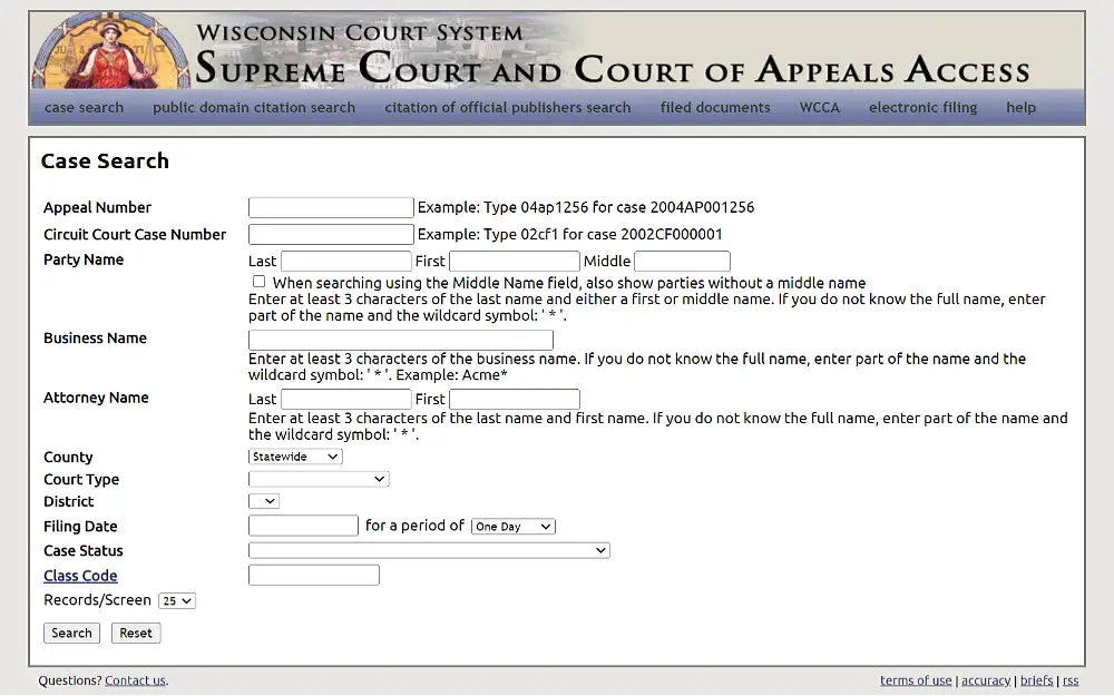 A screenshot of a case search from the Wisconsin Supreme Court and Court of Appeals Access, which can be searched by appeal number, circuit court case number, party, business, attorney and county name, court type and others.