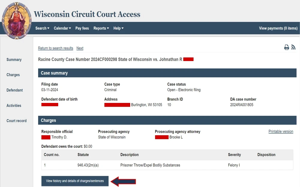 A screenshot from the Wisconsin Circuit Court Access detailing filing date, case type, status, defendant information, charges, and court official names without specifying the nature of the search system.