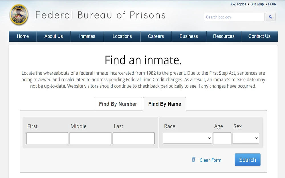A screenshot of the Bureau of Prisons federal inmate locator can be searched by name, race, age, and sex.