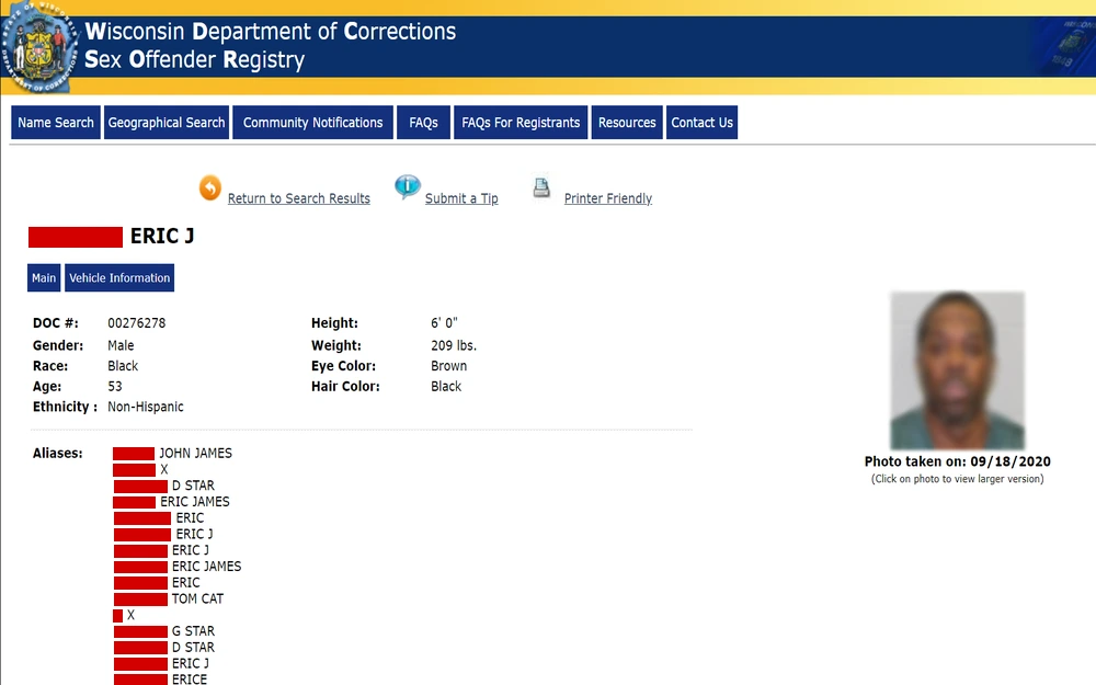 A screenshot from the Wisconsin Department of Corrections' Sex Offender Registry site showing a registry profile with an individual's photo, physical characteristics, aliases, and a unique identification number intended for public information.