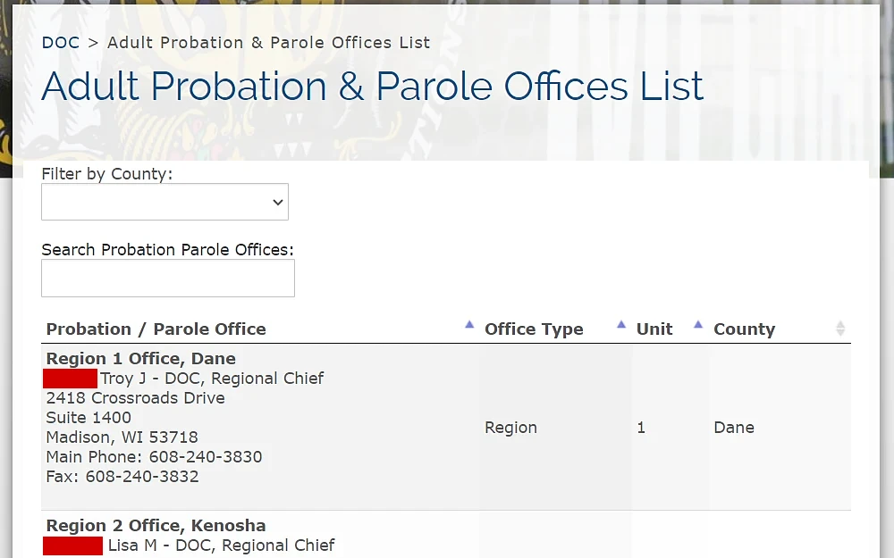 Adult Probation and Parole Offices List page screenshot showing the parole offices; the result can be filtered by selecting a county from a dropdown box and probation parole offices; the list is organized in columns, including the office type, unit, and county.