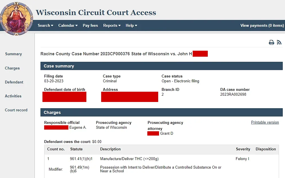 A screenshot of the Wisconsin Circuit Court Access showing the search results displaying the inmate's case summary, including filling date, case type, status, defendant DOB, address, branch ID, and DA case number also included the charge descriptions; the department logo is at the top left corner of the page.