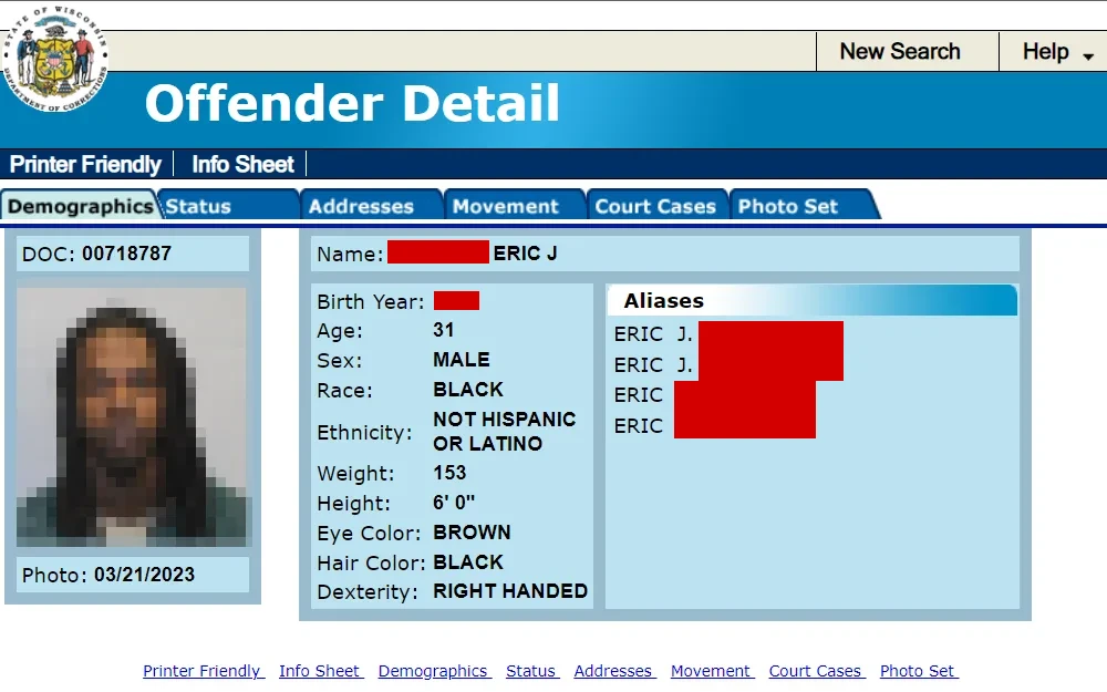 The Offender details screenshot from the Department of Corrections webpage displays the inmate's full name, DOB, age, sex, race-ethnicity, physical characteristics, and aliases, including the department logo at the upper left corner.