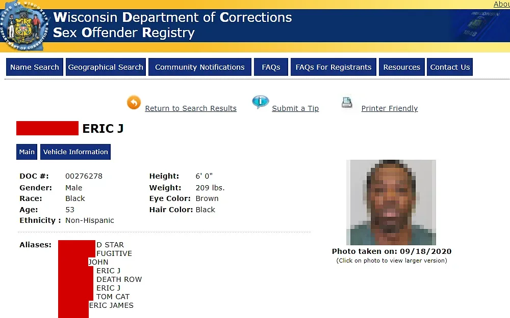 Sex offender search result screenshot from the Wisconsin Department of Correction page, showing the Offender's details such as his full name, DOC no., gender, race, age, and physical attributes; it also includes the inmate's mugshot and the department logo at the top left corner.